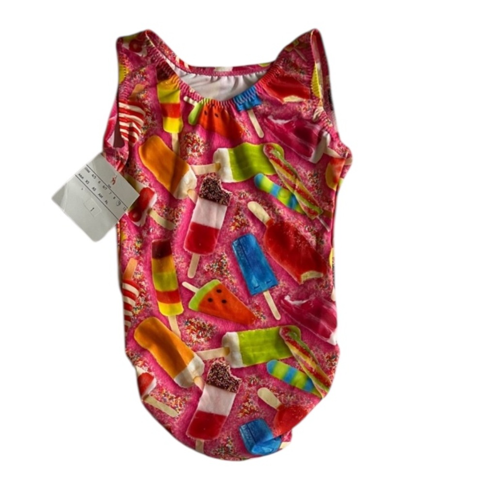 Foxys Foodcore Summer Treats Pink Multi One Piece Gymnastics Leotard Kids 10 NEW